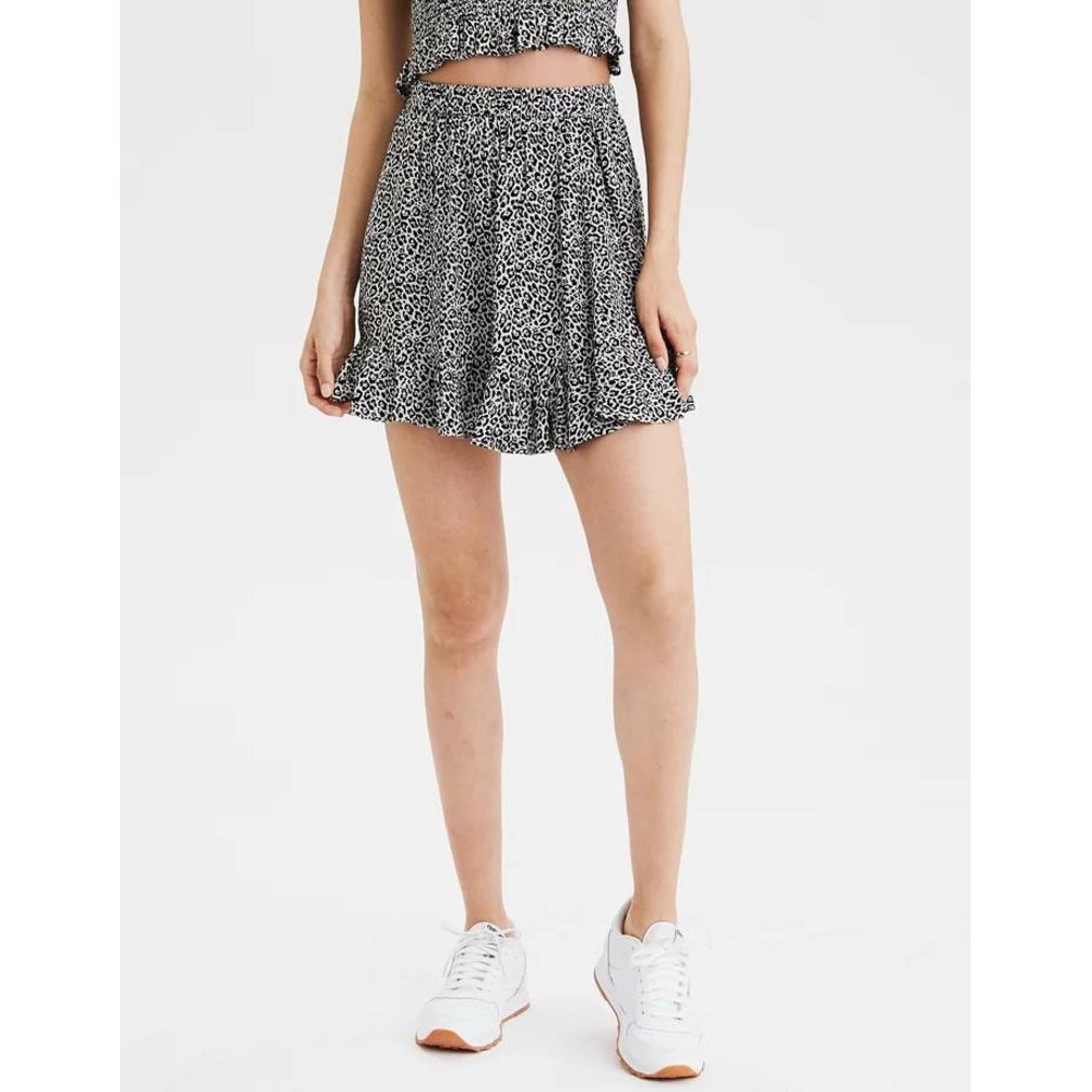 American Eagle Leopard Print Ruffle Mini Skirt Black White Viscose XS Womens